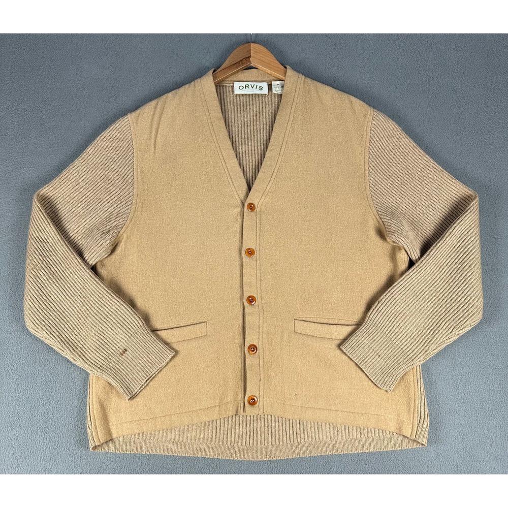 Orvis Cardigan Sweater Mens Medium Beige Camel Hair Old Money Prep Classic